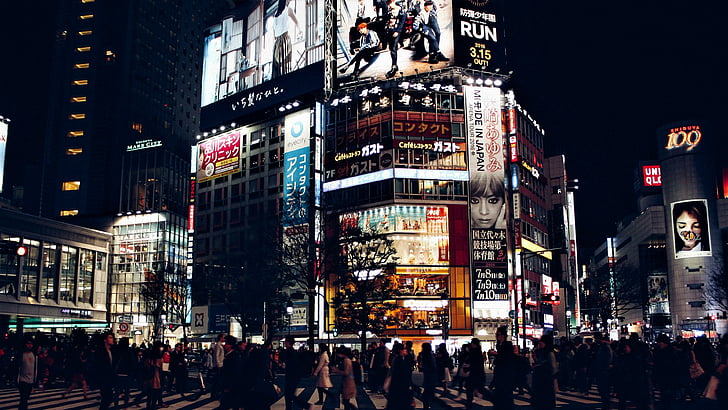 rue, ville, tokyo, japon, asie, nuit, lumières de la ville, foule, masse, Fond d'écran HD