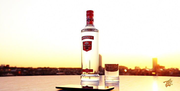 white and red labeled bottle, alcohol, 3D, HD wallpaper