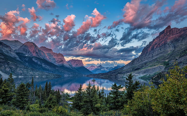 mountains, lake, island, Montana, USA, Saint Mary Lake, Wild Goose Island, glacier national Park, Wild Goose, HD wallpaper