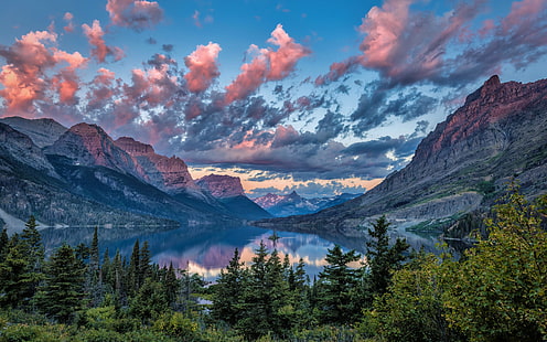  mountains, lake, island, Montana, USA, Saint Mary Lake, Wild Goose Island, glacier national Park, Wild Goose, HD wallpaper HD wallpaper