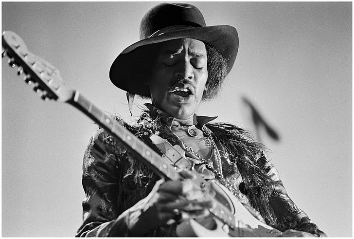 pria, musisi, Jimi Hendrix, monokrom, gitaris, latar belakang sederhana, gitar, bermain, topi, musik, Wallpaper HD