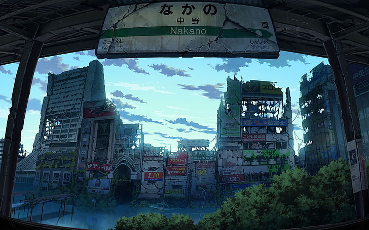 concrete structures digital painting, Japan, anime, Nakano, apocalyptic, McDonald's, ruin, HD wallpaper