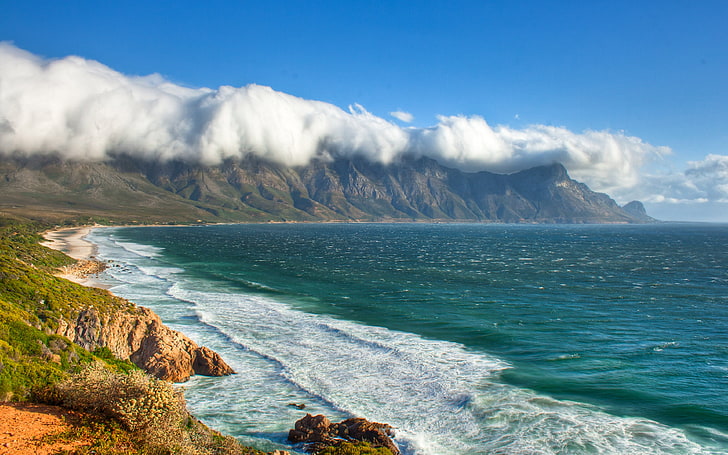 Västra Kapprovinsen Sydafrika Bay Kegel Sea Sea Coast Vågor Rocky Mountains Vita moln Vackert landskap Wallpaper Hd 3840 × 2400, HD tapet