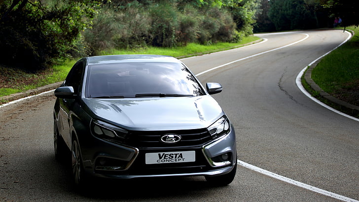 grey Vesta concept cars on road, Lada Vesta, Kalina, sports car, city cars, review, test drive, 2015 cars, front, side, HD wallpaper