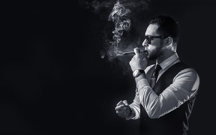 men's black vest, smoking, smoke, suits, watch, men, cigars, HD wallpaper