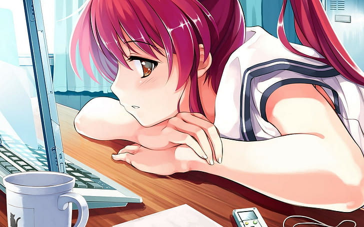 manga, computer, table, anime girls, Miyamae Tomoka, coffee, Deep Blue Sky and Pure White Wings, HD wallpaper