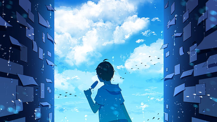 anime, anime boys, children, people, paper, blue, white, sky, skyscape, clouds, water, ice cream, horizon, anime sky, wall, popsicle, fish, animals, underwater, fantasy art, artwork, outdoors, landscape, sea, atmosphere, environment, concept art, HD wallpaper