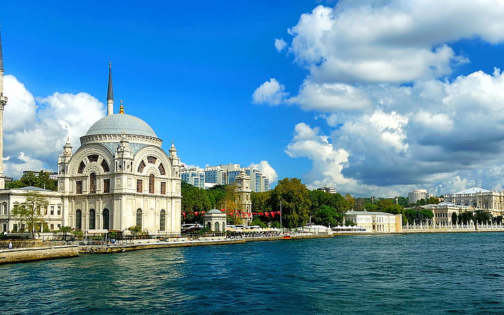 Красиво Босфорско море, красиво Босфорско море, джамия Долмабахче, мюсюлмани, Истанбул, Турция, град, сгради, пейзаж, природа, панорама, HD тапет