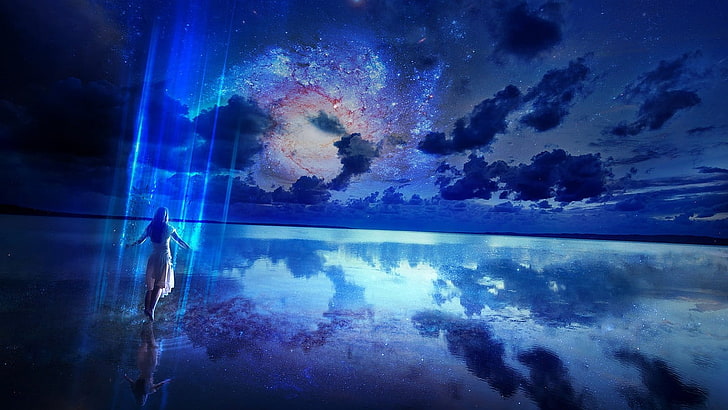 woman standing on body of water wallpaper, space, time, HD wallpaper