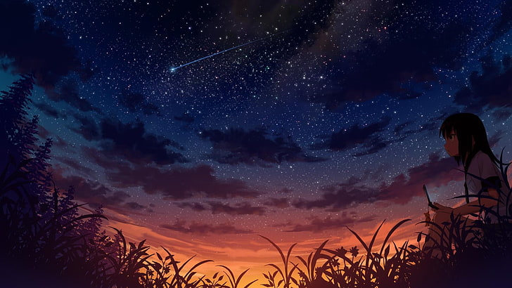 Mädchen, Sternenhimmel, untergehende Sonne, Pixiv, Anime, HD-Hintergrundbild