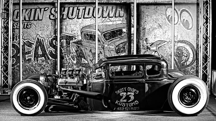 vintage vehicle, Hot Rod, monochrome, car, HD wallpaper
