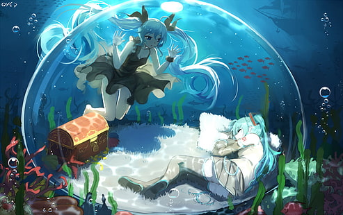 animeflickor, 千 夜 QYS3, Hatsune Miku, Vocaloid, anime, blått hår, under vattnet, HD tapet HD wallpaper