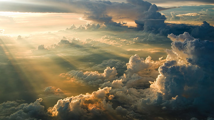 white clouds, sun rays, clouds, HD wallpaper