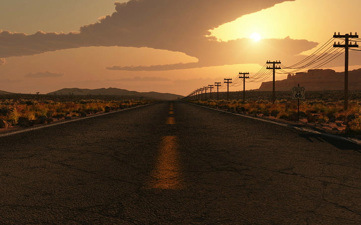 Пътен маршрут 66 Sunlight Desert CG HD, сива асфалтова магистрала, природа, слънчева светлина, път, пустиня, cg, 66, маршрут, HD тапет