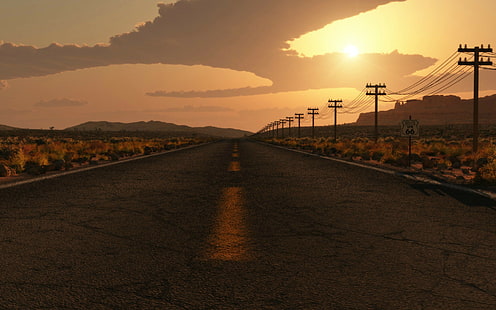 道路ルート66日光砂漠CG HD、灰色のアスファルト道路、自然、日光、道路、砂漠、cg、66、ルート、 HDデスクトップの壁紙 HD wallpaper
