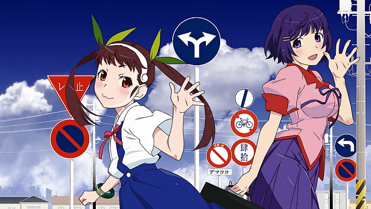 Hachikuji Mayoi, serie Monogatari, Hanekawa Tsubasa, anime girls, twintails, Sfondo HD