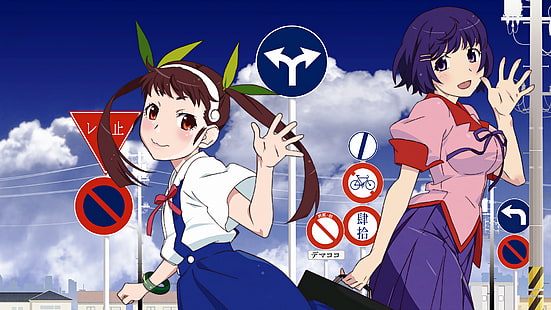 Hachikuji Mayoi, Monogatari Series, Hanekawa Tsubasa, anime girls, twintails, HD wallpaper HD wallpaper