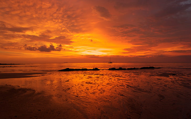 Andaman Sunset, zachód słońca, woda, Tajlandia, plaża, pejzaż morski, Tapety HD