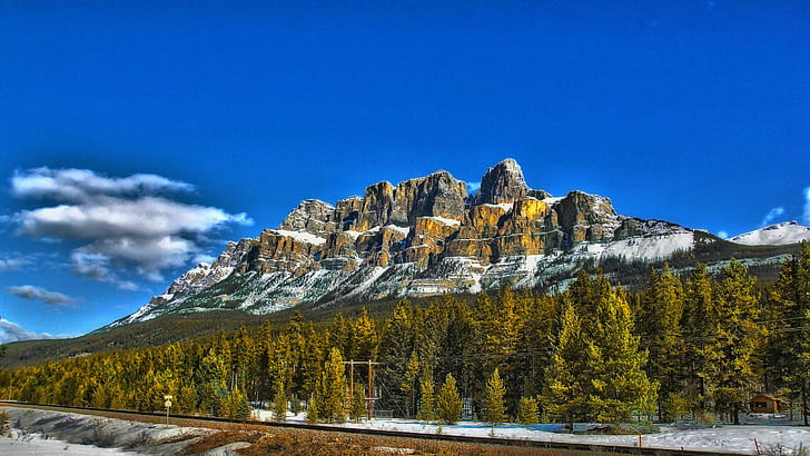 Castle Mountain, Alberta, Canada, brown mountains, Canada, road, sky, forest, trees, mountains, Alberta, Castle Mountain, HD wallpaper