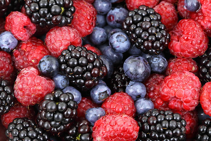 Blackberries, Blueberries, Raspberries, Fruits, 4K, HD wallpaper