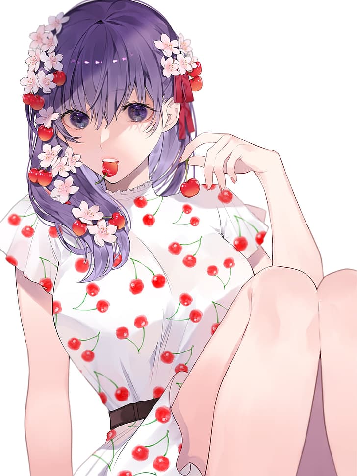 Fate/Stay Night, Fate Series, fate/stay night: heaven's feel, white dress, big boobs, alternate outfit, long hair, simple background, anime girls eating, bangs, 2D, anime, thighs, arm support, violet eyes, cherries, cherry blossom, flower in hair, vertical, Matou Sakura, looking at viewer, anime girls, artwork, open mouth, short sleeves, sitting, female only, red ribbon, sun dress, pink nails, fan art, HD wallpaper