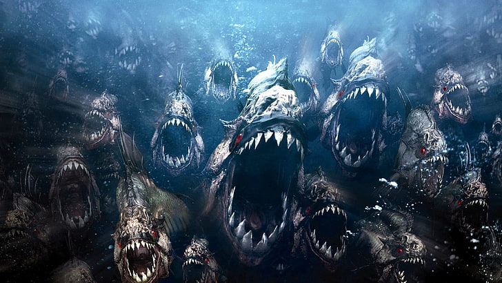 piranha wallpaper, fantasy art, artwork, digital art, piranhas, fish, teeth, open mouth, underwater, red eyes, HD wallpaper