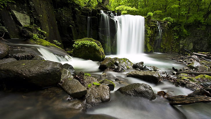 nature, waterfall, river, forest, rock, long exposure, HD wallpaper