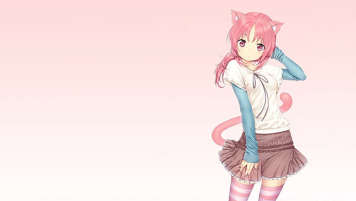 девушка кошка, аниме девушки, розовые волосы, аниме, HD обои