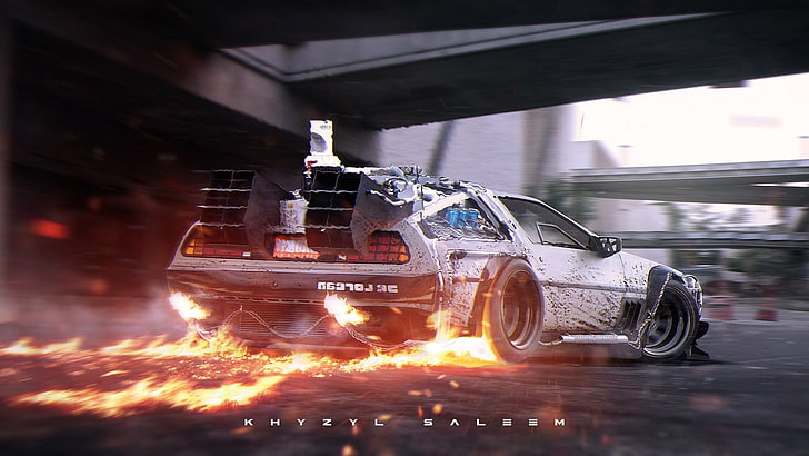 white card, Back to the Future, DeLorean, supercars, time travel, Khyzyl Saleem, HD wallpaper