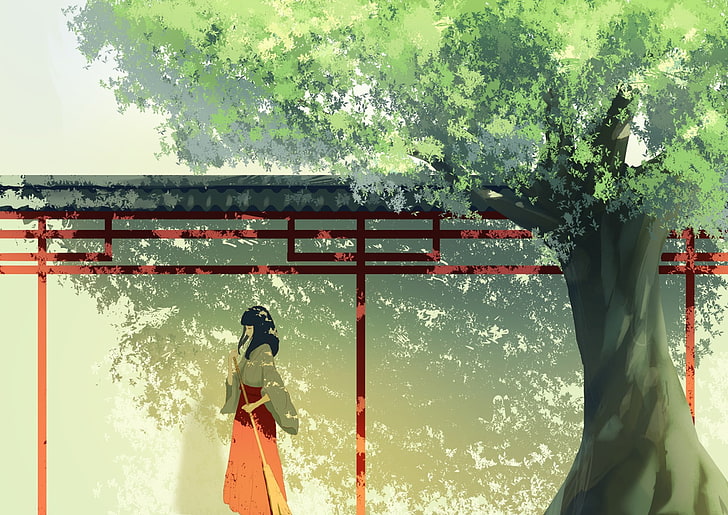 anime, anime girls, trees, artwork, miko, Japanese clothes, original characters, HD wallpaper