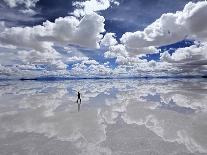 photo of man walking on shore, Uyuni, Bolivia, clouds, sky, lake, HD wallpaper HD wallpaper