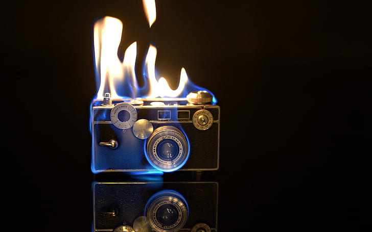Camera flames, fire, creative pictures, grey camera, Camera, Flames, Fire, Creative, Pictures, HD wallpaper