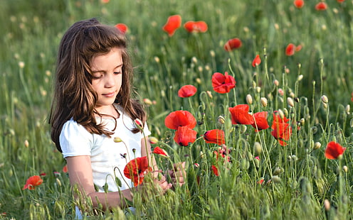 สาวน่ารักในทุ่งดอกป๊อปปี้, ดอกป๊อปปี้สีแดง, เด็ก, ดอกไม้, เด็กผู้หญิง, ฟิลด์, วอลล์เปเปอร์ HD HD wallpaper
