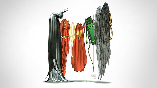 งานศิลปะสัตว์ประหลาดหลายตัวการ์ตูนดีซีซูเปอร์ฮีโร่เสื้อคลุมแบทแมนเครื่องแต่งกายซูเปอร์แมนแฟลชลูกศรสีเขียววันเดอร์วูแมนพื้นหลังเรียบง่าย Michael Turner ภาพประกอบ The Atom Hawkman Justice League, วอลล์เปเปอร์ HD HD wallpaper