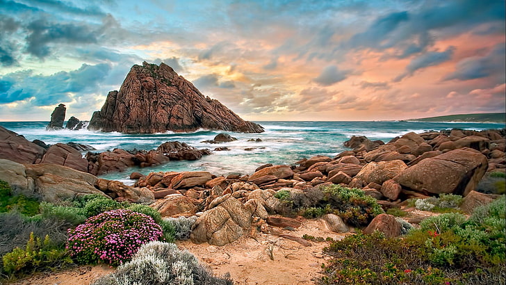 Landscape photograpy, sand, flowers, beach, rock, sunset, clouds, sea, nature, landscape, coast, HD wallpaper