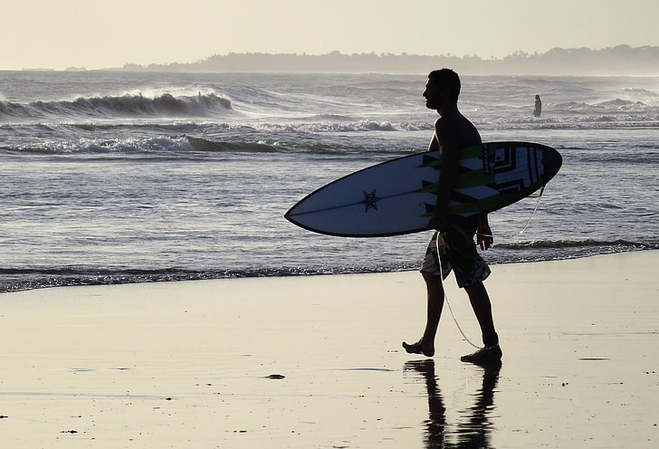 white and black surfboard, surfer, bali, beach, surfing, HD wallpaper