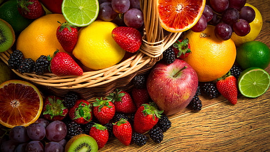 assorted fruits, basket fruit, lemon, lime, apple, grapes, strawberries, blackberries, kiwi, grapefruit,, HD wallpaper HD wallpaper