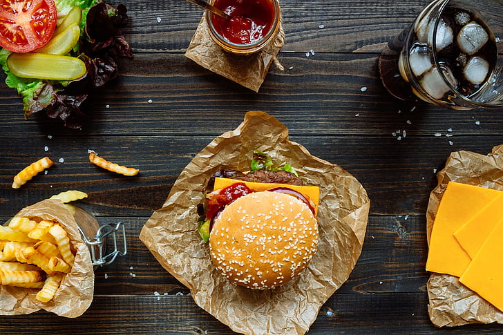 burger, kentang goreng, es batu, makanan, makanan cepat saji, Wallpaper HD