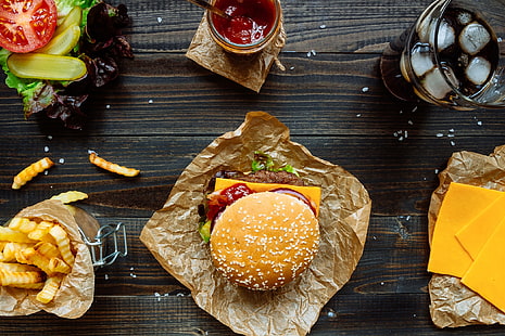 hamburger, patatine fritte, cubetti di ghiaccio, cibo, fast food, Sfondo HD HD wallpaper