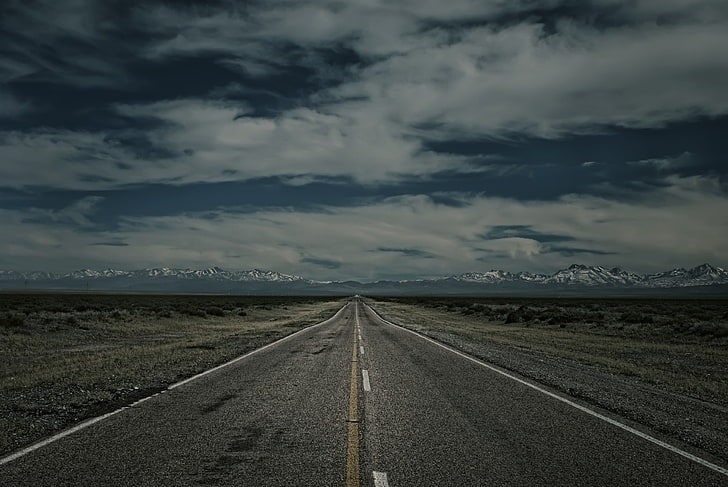 gray concrete road, road, marking, horizon, mountains, evening, HD wallpaper