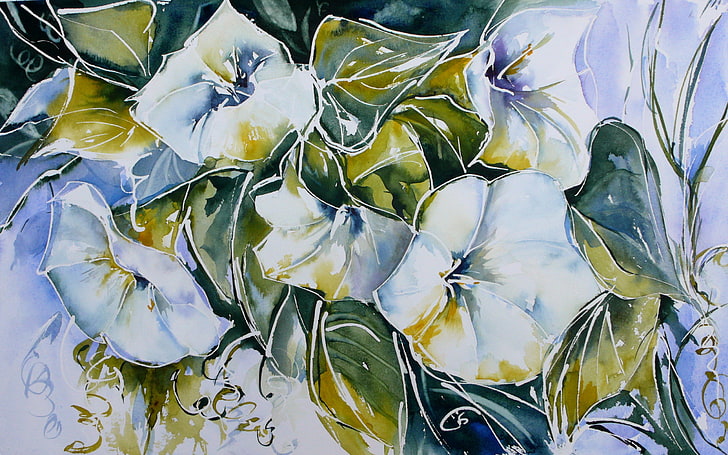white-and-green petaled flowers painting, flowers, style, picture, watercolor, HD wallpaper