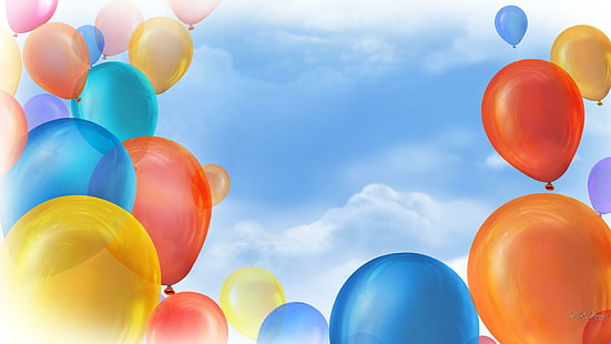 Festeggia la vita, mongolfiere multicolori, festeggia, compleanno, blu, festa, guarisci, felice, nuvole, palloncini, Sfondo HD HD wallpaper