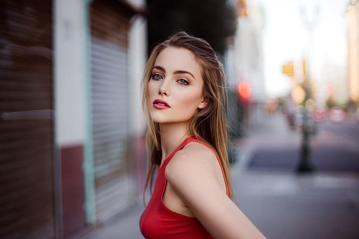 girl, long hair, photo, photographer, blue eyes, model, bokeh, lips, face, blonde, red top, portrait, mouth, makeup, open mouth, tank top, lipstick, looking at camera, depth of field, straight hair, bare shoulders, looking at viewer, April Slough, April Alleys, Robert Stebler, HD wallpaper