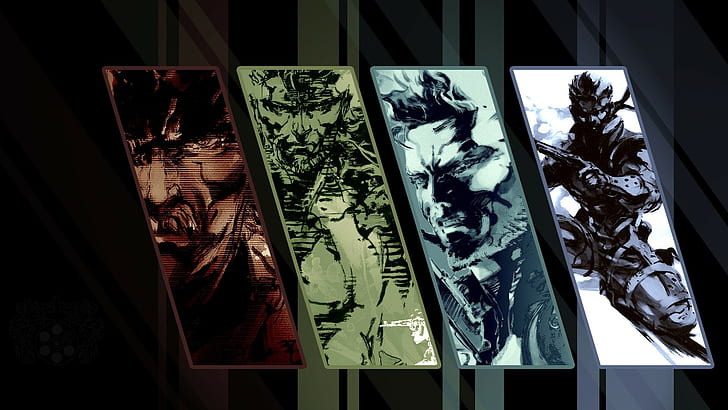 Metal Gear Solid, Metal Gear Solid 2, Metal Gear Solid 3: Snake Eater, Metal Gear Solid 4, gry wideo, kolaż, Tapety HD