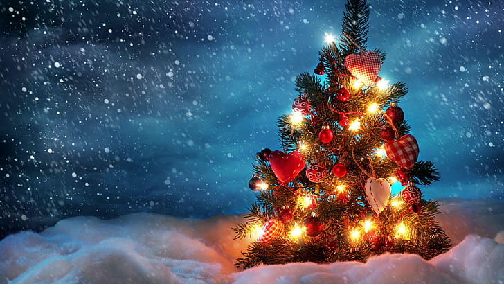 Коледа, коледно дърво, Коледа, коледни светлини, сняг, празник, гирлянд, снеговалеж, нощ, Коледна нощ, HD тапет