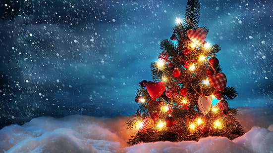 christmas, christmas tree, xmas, christmas lights, snow, holiday, garland, snowfall, night, christmas night, HD wallpaper HD wallpaper