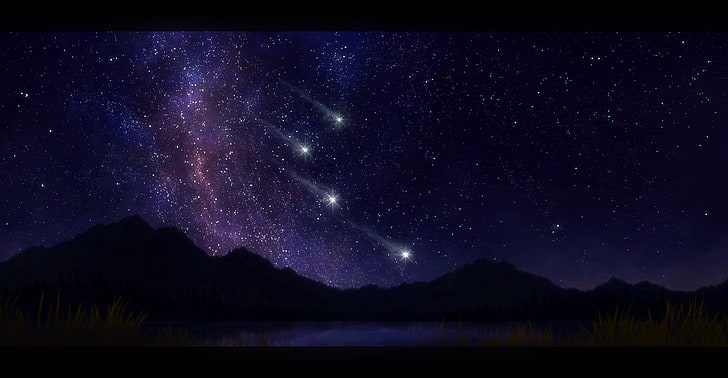 meteor shower, night, mountains, stars, HD wallpaper