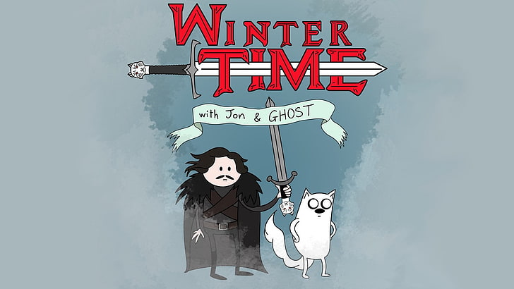Winter Time with Jon & Ghost poster, Humor, Filme, As Crônicas de Gelo e Fogo, Hora de Aventura, Guerra dos Tronos, Fantasma, Jon Snow, HD papel de parede