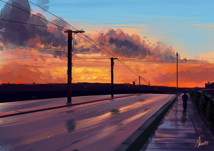 Digital painting, sunset, sky, clouds, landscape, power lines, alvaroserpa,  HD wallpaper | Wallpaperbetter