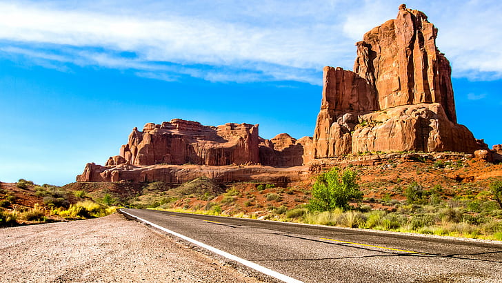 empty concrete road near rock formation, Arches, Scenic Drive, empty, concrete road, rock formation, np, national  park, nature, vacation, rock  pinnacle, utah, tower, avenue, sandstone, red, texture  detail, clouds, court  house, towers, american  west, westworld, desert, uSA, landscape, scenics, rock - Object, southwest USA, outdoors, butte - Rocky Outcrop, monument Valley, monument Valley Tribal Park, arizona, mesa, sky, mountain, national Park, travel, HD wallpaper